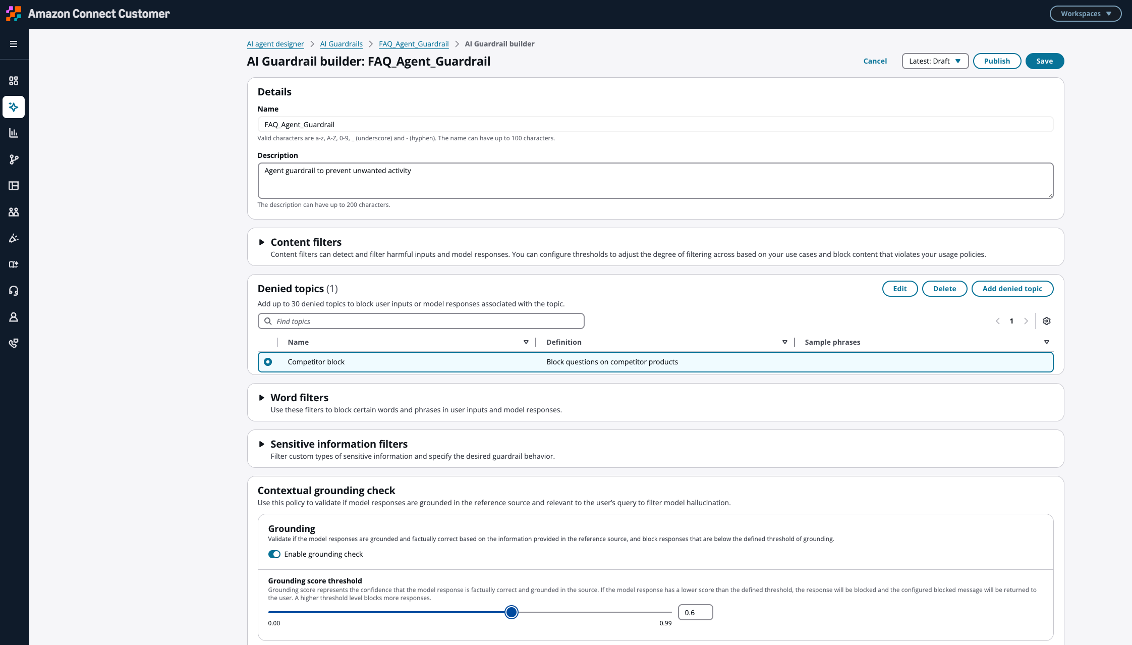 Screenshot of the AI Guardrails configuration page showing content filter and denied topics settings.